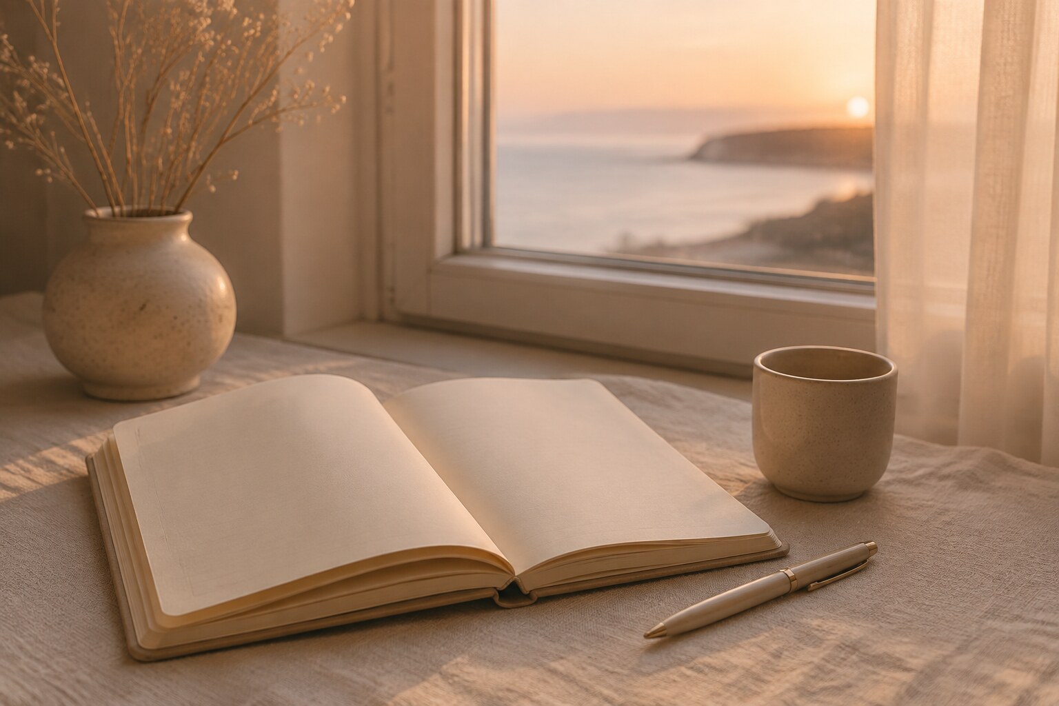 Cuaderno abierto junto a una ventana al atardecer en un ambiente sereno para la reflexión y la du’a