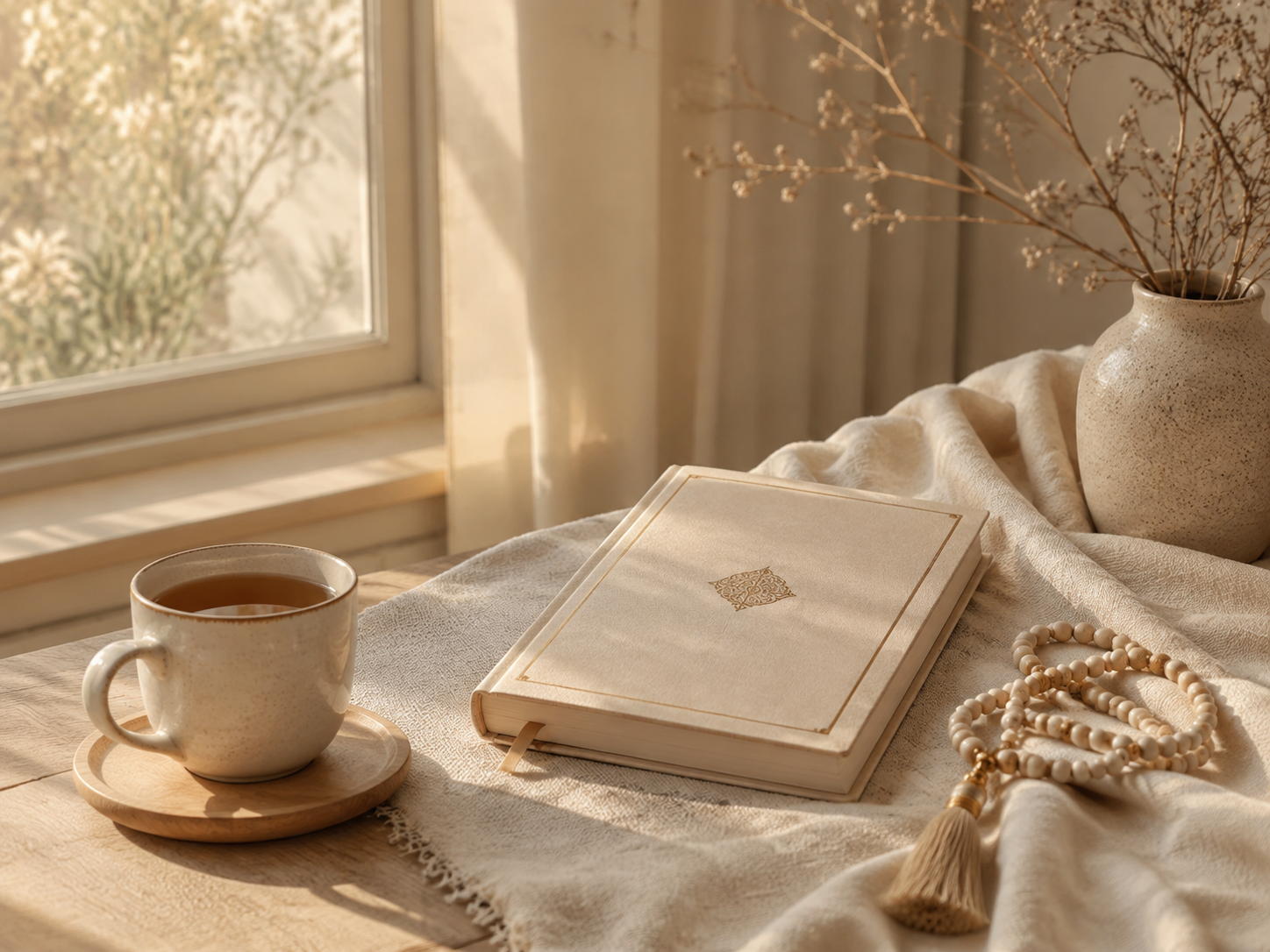 Rincón sereno de lectura con un libro, tasbih y una taza de té